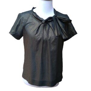Mossimo Black Blouse Gold Metallic Accent Tie Neck Short Sleeves 100% Cotton